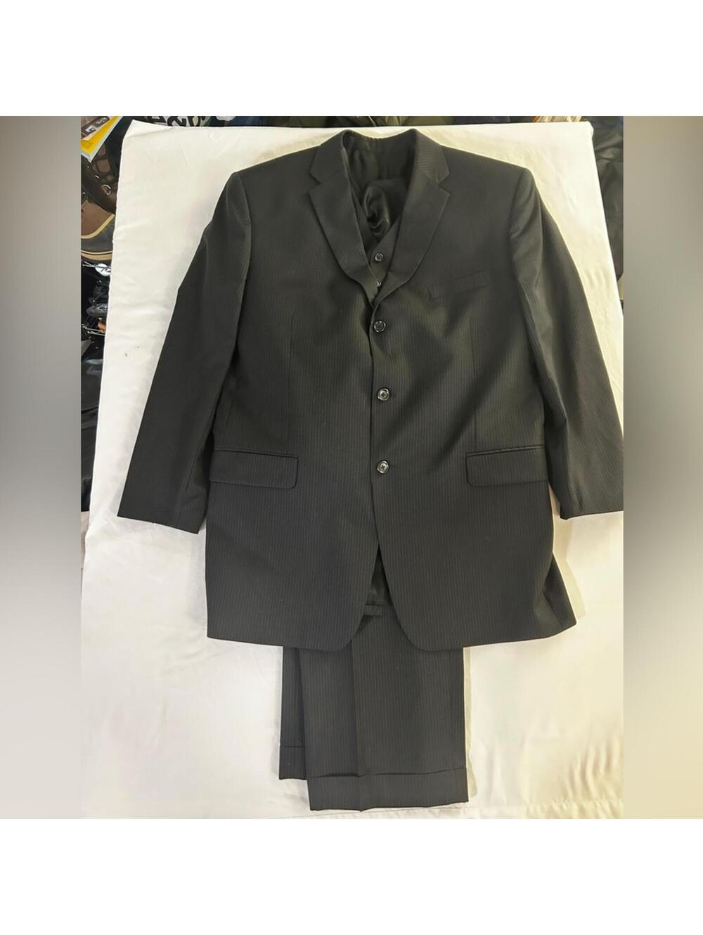 Jones New York L 46 Black Stripe 100% Wool 3 Piece Vest Jacket Pants Suit